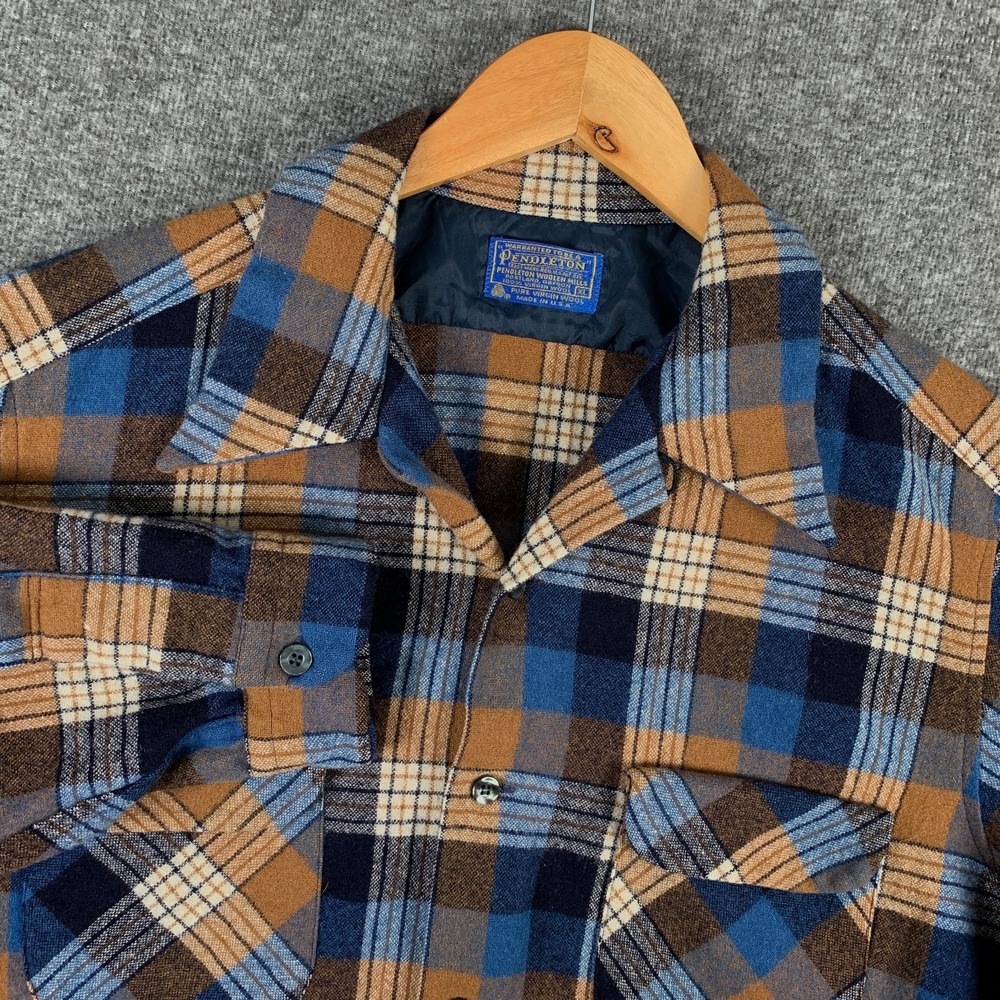 Vintage Pendleton Board Shirt Men XL Brown Plaid 70s Loop Collar Surf Wool